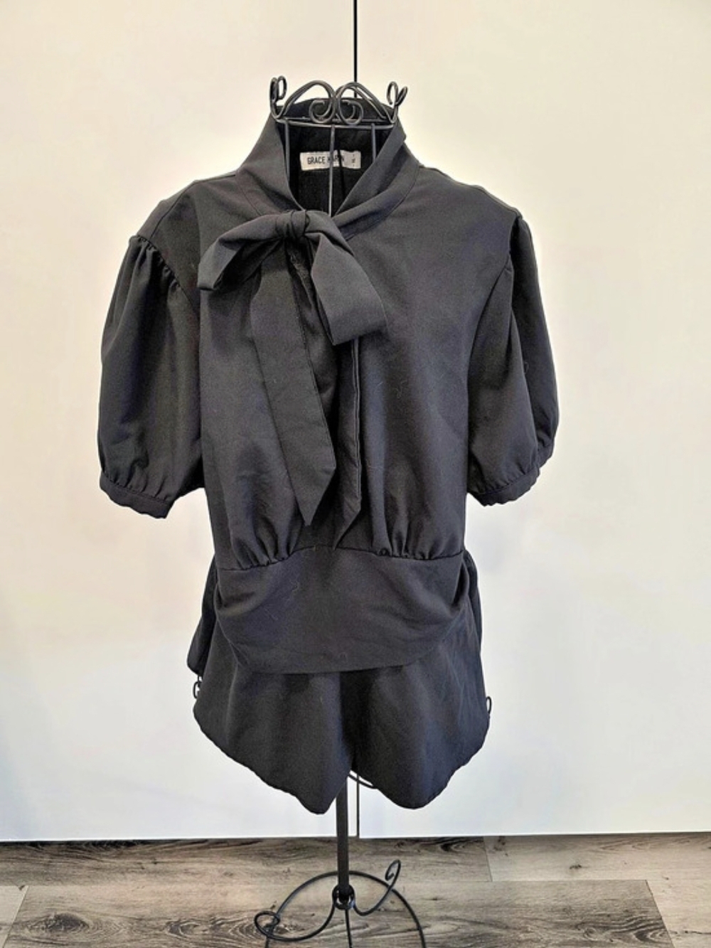 Grace Karin Black Tie Front Short Sleeve Blouse Puff Sleeve Blouse